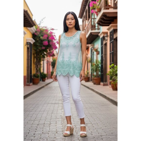 Cecico Women's Sheer Embroidered Turquoise Sleeveless Top - Picture 1 of 6